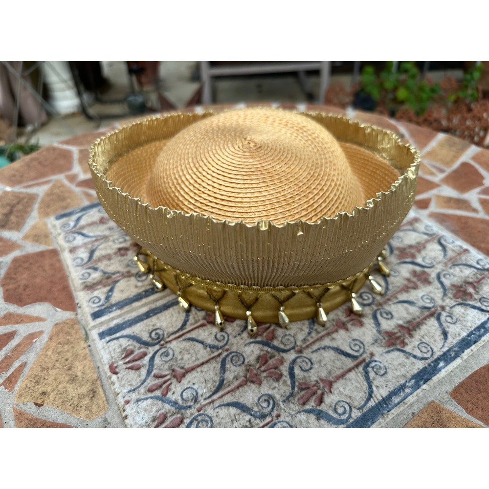 Vintage Mr His Classic Gold Pillbox Hat Woven Straw Metallic Teardrop Charms